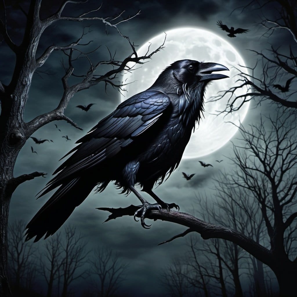Black Raven on a tree with the moon in the background